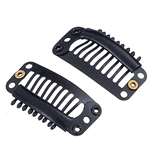 Metailic Snap Clips ins for Hair Extension Hairpiece Snap-Comb Wig Clips with Rubber (Black, 9-Teeth 6 Holes)