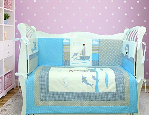 Lappi Baby Aqua Crib Bedding Set For Boys - 100% Cotton 8 Piece Baby Bedding With Bumper - Sailing Boat &amp; Dolphins Nursery Bedding - Custom Design Boy Crib Set - Perfect Baby Shower Gift