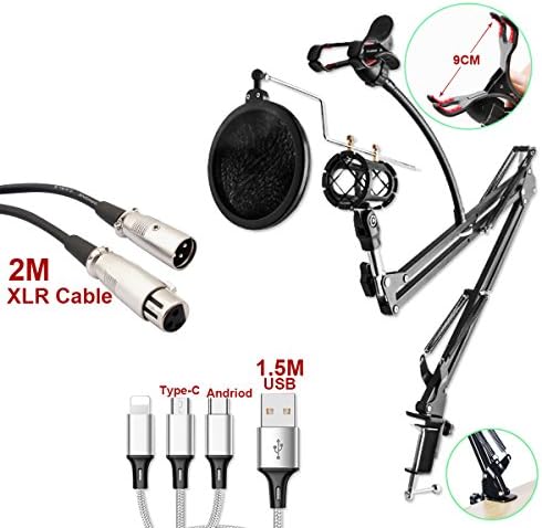 Microphone Stand, With Three-Head Mobile Phone Data Cable (1.2M) And Microphone Cable (2M), Professioanl Adjustable Suspension Boom Mount For Podcast / Youtube / Live Broadcasting / Condenser Microphone Recording / Karaoke Etc.