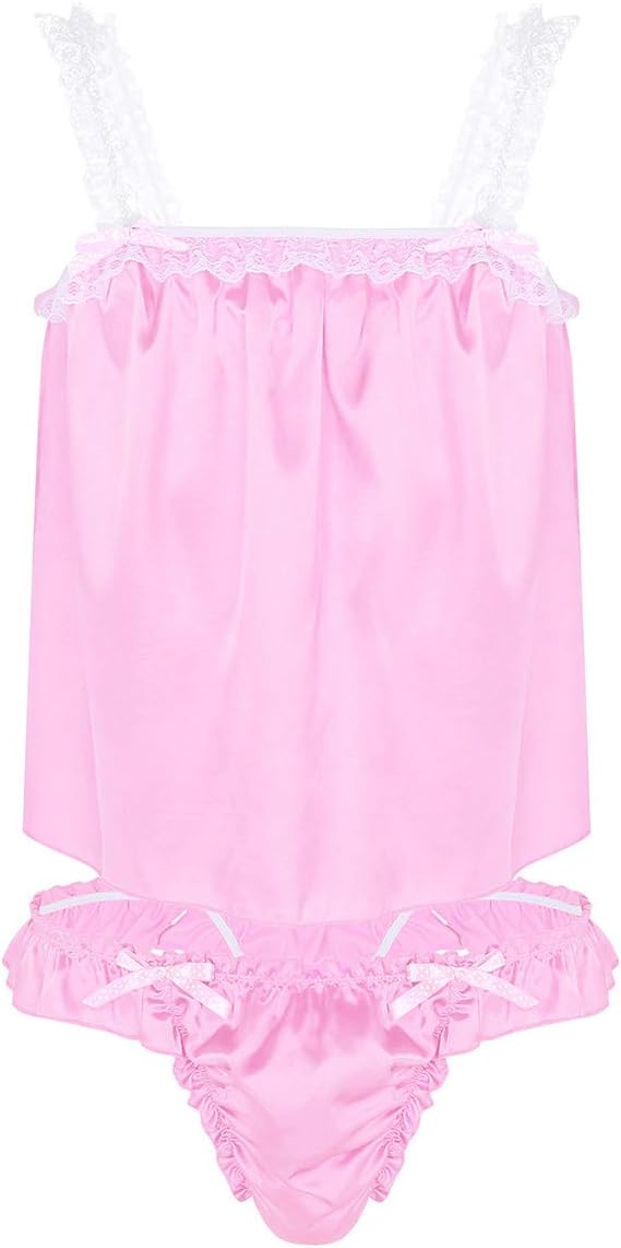 Men's Sissy Shiny Ruffled Satin Crossdress Lingerie Set Pajama Nightwear G-String Thong Underwear