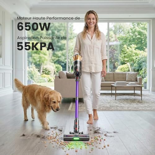 Aspirateur Balai sans Fil 55KPa 650W, 1,8L Aspirateur sans Fil Puissant 70 Min, Autoportant, Écran LED, Brosse Anti-Enchevêtrement, Pastille Parfumée, Poils d’Animaux Sols Durs Tapis Voiture