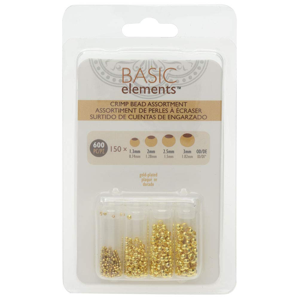Basic Elements Crimp Beads, 4 Size Variety Pack, 600 Pieces, Gold Plated