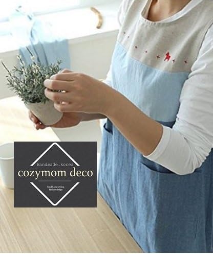 Cozymom Japanese Style Back Button Shape Natural Linen Cotton Apron-blue Color
