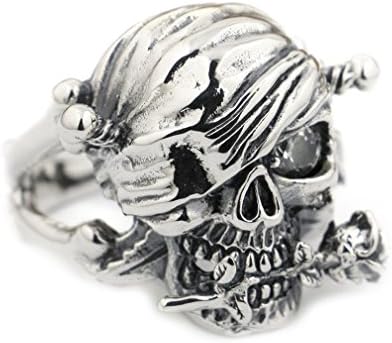 LINSION 925 Sterling Silver Pirate Skull Rose White CZ Mens Biker Ring 9W001