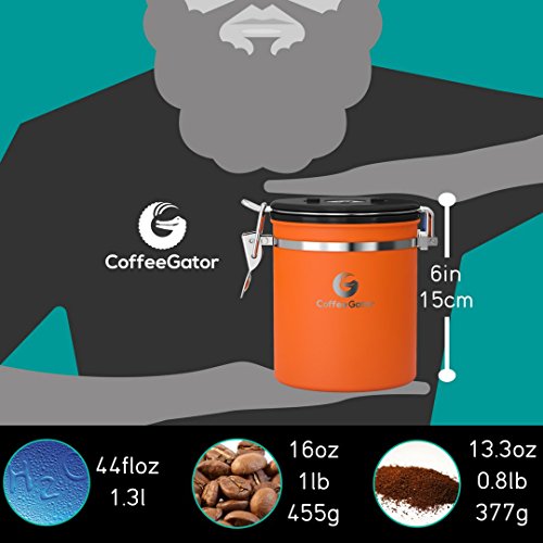 Coffee Gator Stainless Steel Container - Canister with co2 Valve, Scoop, and Travel Jar (Orange, Medium) - Thumbnail 2
