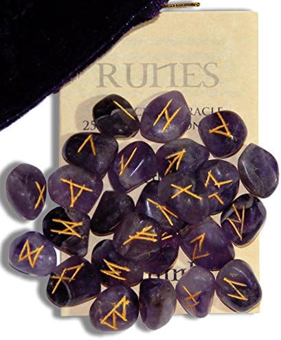 Dark Amethyst Healing Gemstone Runes with Engraved Lettering, Instruction Leaflet, and Velvet Pouch
