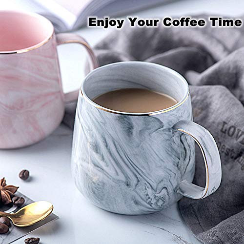 Ceramic Coffee Mug with Leaves Spoon, 13oz Marble Coffee Cup Unique Gift Mug for Wedding Birthday Party Christmas Gifts and Thanks Giving Mug Gift-Grey
