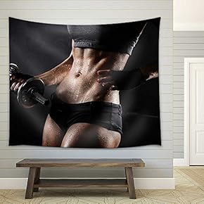Brutal Athletic Woman Pumping Up Muscles with Dumbbells - Fabric Wall Tapestry Home Decor - 51x60 inches