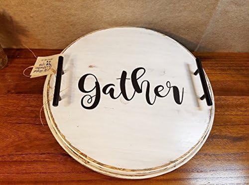 Wood Serving Tray Round "Gather" Antique White Black Lettering 17.5 Inches