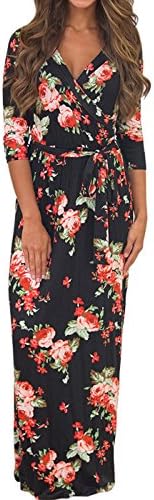 Voguegirl Womens Summer 3/4 Sleeve V Neck Floral Print Faux Wrap Maxi Long Dresses with Belt