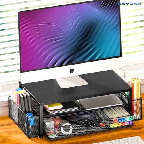 DAYONG Computer Monitor Stand Riser, Desk Organizers and Accessories with Storage Drawers, Metal Monitor Stand with 2 Pen Holders, Desktop Organiser for Home Office Supplies (Black)