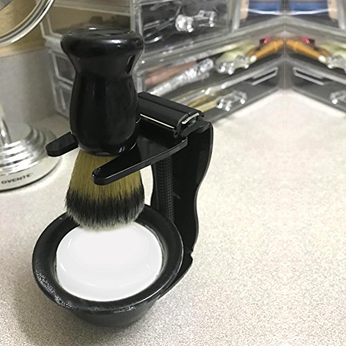 Shaving Set 4IN1 Badger Hair Shaving Brush Acrylic Shaving Razor Stand Holder Shaving Soap Bowl Shaving Soap Shaving Frame Base Beard Cleaning Shelf Kit Shaving Brush Stand Tools for Men (Black) - Thumbnail 5