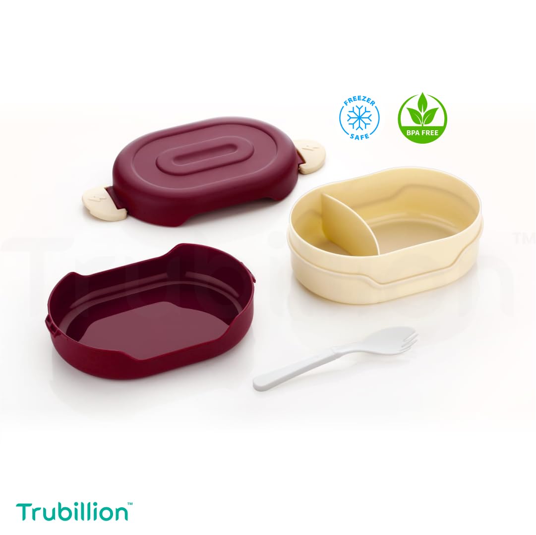 TRUBILLION Tasty Lunchbox, 2 Compartment Bento Lunch Box (900ml) with 2-in-1 Spoon, Leak Resistant, Unbreakable, BPA-Free, Food Grade, for Kids & Adults, School, Office, Travel (1, Orange) 4