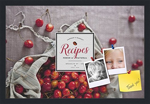PinPix decorative pin cork bulletin board made from canvas, Recipe Board with Bag of Cherries 24x16 Inches (Completed Size) and framed in Satin Black (PinPix-Group-36)
