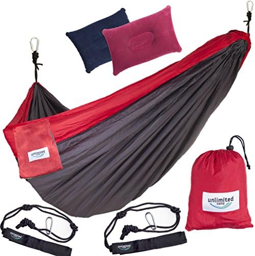 Double Camping Hammock by Unlimited Camp: 3 Seam Nylon Portable Lightweight Bedding for Camping, Hiking, Beach, or Yard plus Free Pillows, Ropes, and Special Straps