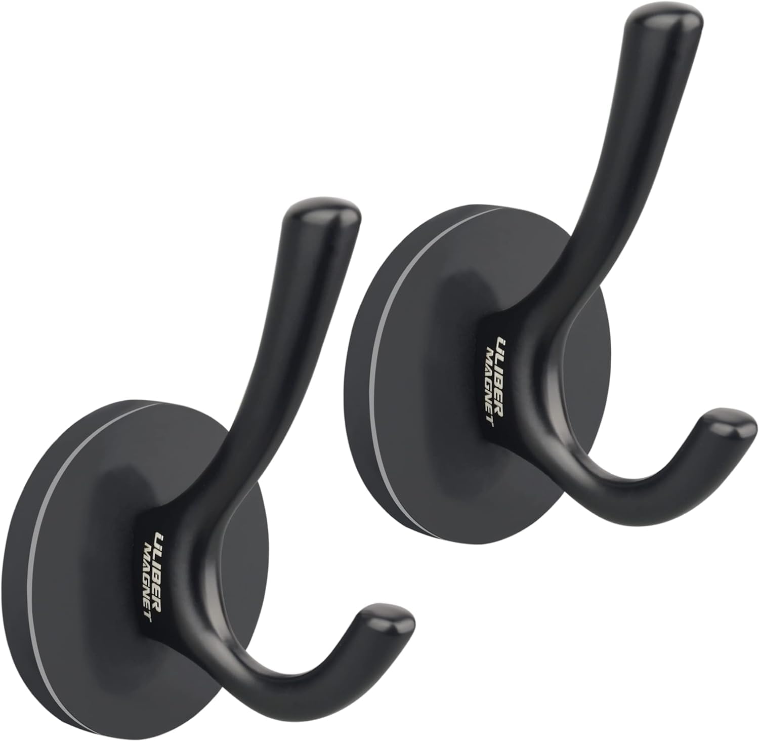 ULIBERMAGNET Strong Magnetic Double Hooks, 2-Pack Heavy Duty Heavy Duty Coat Magnetic Hooks, Rubber Magnets Large Hooks for Coat, Robe, Towel, Key Hat (Black)