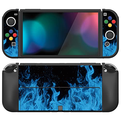 PlayVital ZealProtect Soft Protective Case for Nintendo Switch OLED, Flexible Protector Joycon Grip Cover for Nintendo Switch OLED with Thumb Grip Caps & ABXY Direction Button Caps - Blue Flame