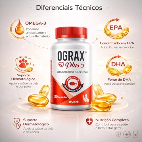 Ograx Plus 5 Avert 30 Cápsulas Suplemento para Cães e Gatos com Ômega 3 EPA e DHA Saúde da Pele e Pelagem Casa Buritis (1)