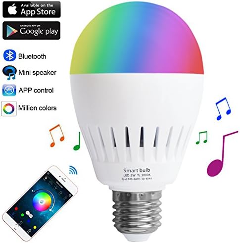 Santaro A19 Bluetooth Smart LED Speaker Bulb Dimmable RGB+W with Big Beam Angle - 7W Free Multi-functional APP Fit All E27 Lamps and Lanterns Fixtures for Indoor Care and Aura Decoration White