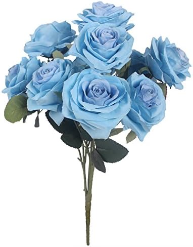 JAROWN 10 Heads Silk Rose Flowers Artificial Bouquet Arrangement for Wedding Home Decor Party Accessory Flores (Blue)