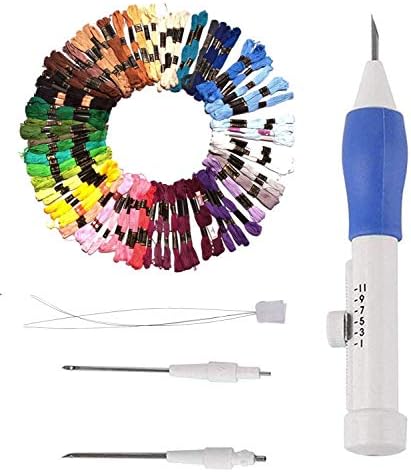 Curtzy - 105 Pcs Magic Embroidery Punch Pen Tool kit with 2 Spare Needles and 2 Threader - Cotton Thread Floss, Skeins, Yarn (100 Pcs Assorted Multicolours ) - Hand Embroidery Pen Punch Needle