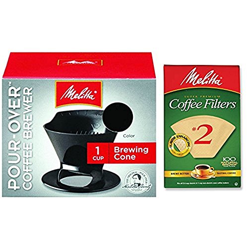 Click Here to See More Images Melitta Pour Over Coffee Cone Brewer & #2 Filter Natural Brown Combo Set, Black