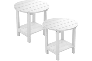 MXIMU Round Outdoor Side Table Adirondack Tables 18 Inch Chairside End Tables with Storage Shelf, 2-Tier Plastic Patio Side Table, Weather Resistant for Balcony Backyard Lawn (White, 2 Pack)