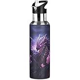 Dragon Purple Water Bottle Kids Insulated Boys Girls Stainless Steel Straw Lid 20 oz Hot Cold Water Flask School Sport