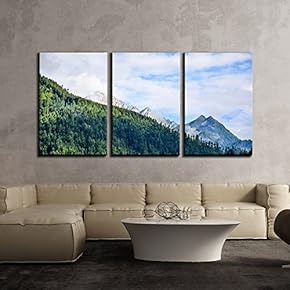 3 Piece Canvas Wall Art - Landscape with Green Mountain Under Blue Sky with White Cloud - Modern Home Art Stretched and Framed Ready to Hang - 16"x24"x3 Panels