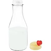 kitchentoolz 32 Oz Round Glass Milk Bottle with Lids, Perfect Milk Container for Refrigerator 32 Ounce Round Glass Milk Carafe with Lid and Pour Spout -Made in USA Pack of 1