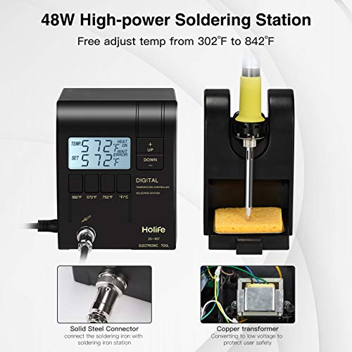 Soldering Station, Holife Digital Display Soldering Iron Station with Adjustable Temperature Copper Transformer, â„ƒ/â„‰ Switch, Solder Holder with Cleaning Sponge, 3 Pcs Soldering Iron Tips, Black
