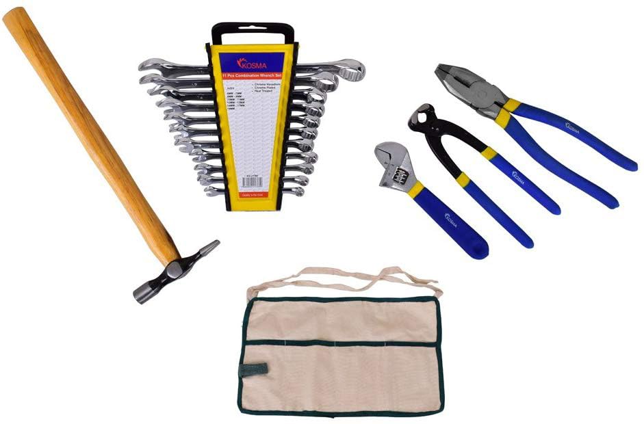 Kosma Professional Tool Set with Wrenches, Pliers, Hammer and Tool Roll, 17-Piece DIY Kit