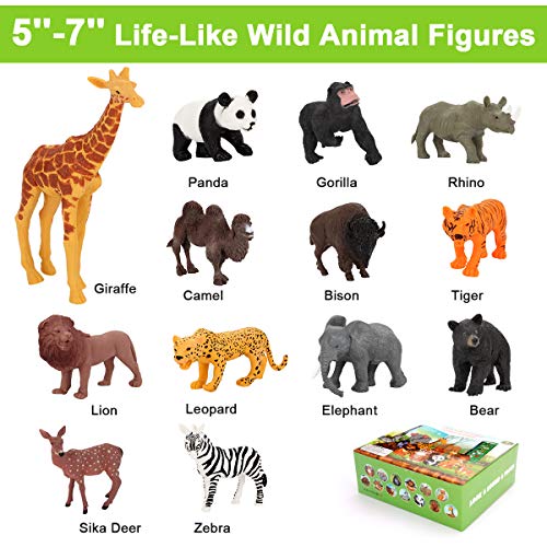 Tudoccy Safari Animals Figures Toys - 13 Realistic Wild Plastic Animal Figurines & Kids Sound Book - Educational Learning Toys Gift for 3 Years Old & Up Boys Girls Toddlers