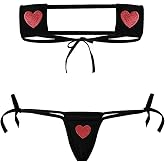 Women Bikini Kawaii Heart Embroidery Bandeau Swimsuit Tiny String Sliding Top Tie Side Thong Anime Cosplay Lingerie Set