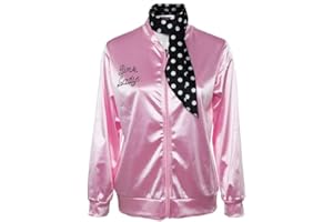 Pink Satin Jacket 50s Ladys Costume Outfits Women Vintage Windbreaker Coat with Scarf Cosplay