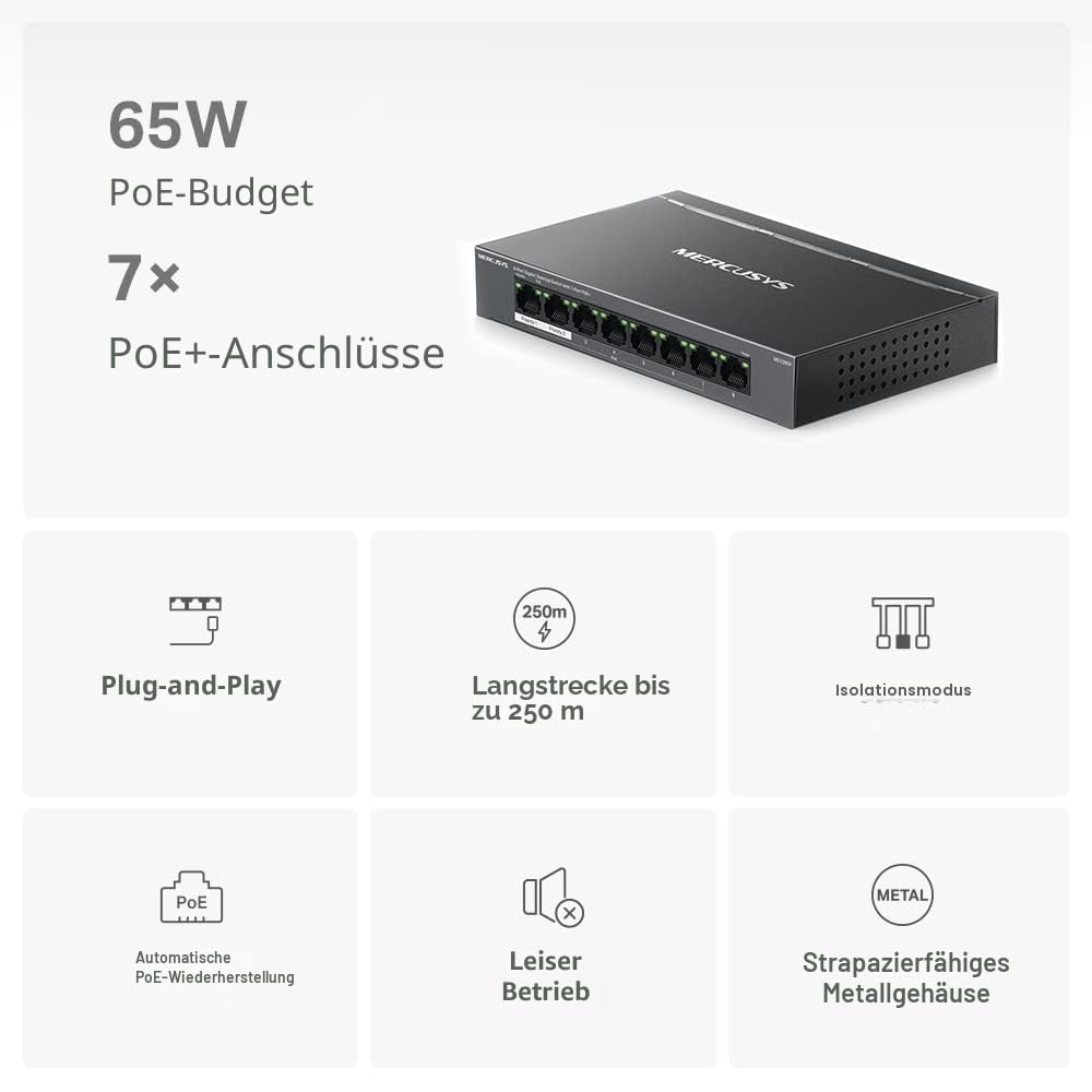 Mercusys MS108GP PoE Switch 8-Port Gigabit LAN Switch mit 7 PoE+ Ports, bis zu 30 W pro PoE-Port und 65 W für alle PoE-Ports, 802.3af/at PoE, lüfterlos, Plug-and-Play, Robustes Metallgehäuse 4