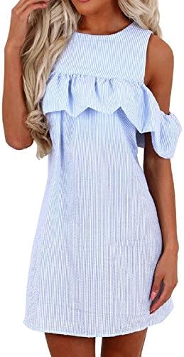 Stcgoo Striped Ruffle Cold Shoulder casual dress Women's Cutout Sundress -B-S