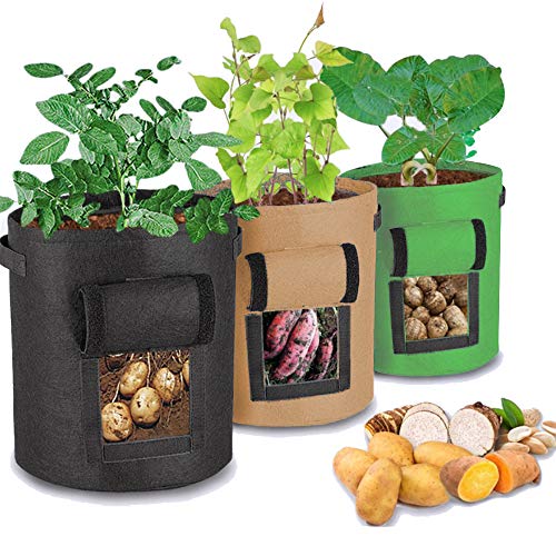 Unique-Fit Potato Grow Bag 3 Packs Update Garden Vegetables Planter Bags with 4 Drain Holes and Velcro Window, 7 Gallon Potato Bag Planter (Black + Green + Brown)
