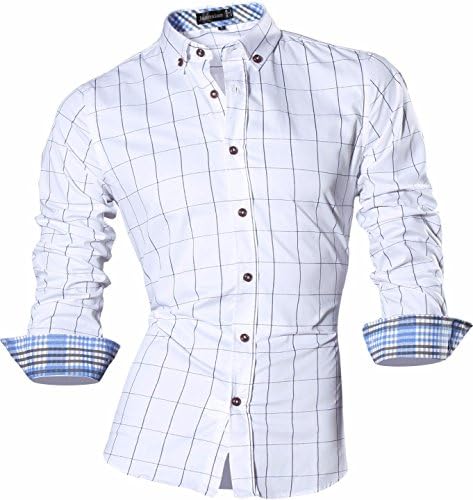 jeansian Men's Long Sleeves Plaid Slim Fit Button Down Dress Shirt 84N1 White XL