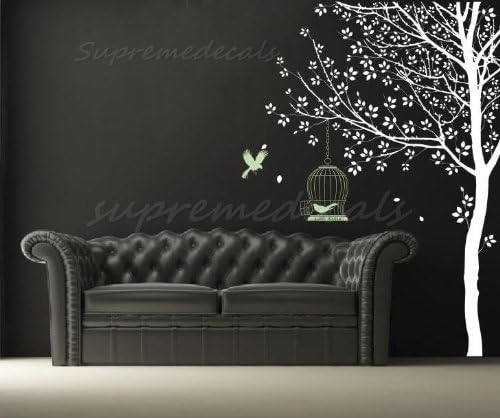 Custom Color PopDecals - Cool Big Tree with Birdcage vinyl art wall decals home murals