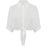 OYOANGLE Women's Puff Short Sleeve Button Down Tie Knot Blouse Collared Crop Shirt Top