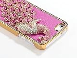 niceEshop Deluxe Rose Pink Leather Rose Pink Diamond Rhinestone Bling Peacock Hard Case Cover for Apple iPhone 5 5G + Screen Protector