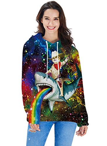 Mens Christmas Hoodies Funny Colorful Galaxy Captain Cat with Shark Pullovers Novelty Plus Size Sweatshirts Winter Warm Fleece Pullover Winter Outdoor Party Clothes Long Sleeve Winter Jacket XXL