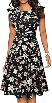 Women's Vintage Ruffle Floral Flared A Line Swing Casual Cocktail Party Dresses
