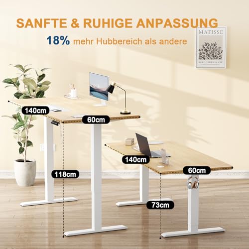 Flamaker Höhenverstellbarer Schreibtisch Ganze Tischplatte 140 x 60 cm Elektrischer Schreibtisch Höhenverstellbar für Steh-Sitz, Computertisch mit Memory-Funktion,Standing Desk,Beige thumbnail 3