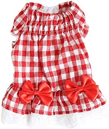 Chinryou ペット服 犬服 ワンピース 洋服 春夏 かわいい 蝶結び チェック柄 メイド 女の子 室内 おしゃれ 供え スカート 小中型犬 お散歩 通気性 お出かけ 記念撮影 ドッグウェア 猫服 ワンちゃん