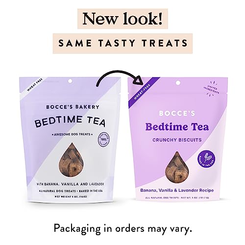 BOCCE’S BAKERY OVEN BAKED BEDTIME TEA TREATS FOR DOGS, WHEAT-FREE EVERYDAY DOG TREATS, MADE WITH REAL INGREDIENTS, BAKED IN THE USA, ALL-NATURAL BISCUITS, BANANA, VANILLA, & LAVENDER, 5 OZ
