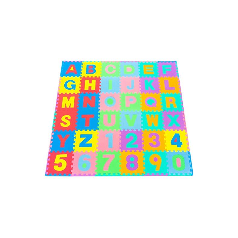 ProSource Kids Puzzle Alphabet, Numbers, 36 Tiles and Edges Play Mat, 12″ by 12″,Abc & 123