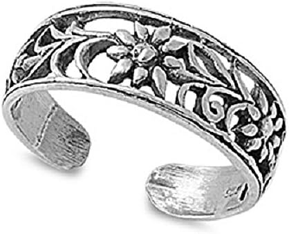 Adjustable Size Toe Ring Solid 925 Sterling Silver Flower Toe Ring (Width 6mm)