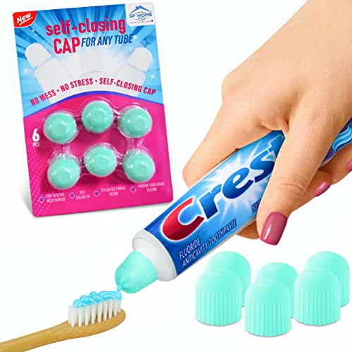 Self-Closing Toothpaste Cap, [Green] Pack of 6 Mess-Free, Toothpaste-Saver Silicone Cap with Self-Sealing Tip - Stylish See-Through Design, Fits Any Toothpaste Tube